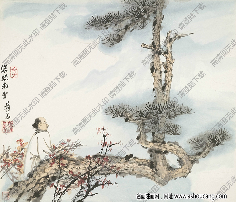 張大千的畫_老松紅葉高士_悠然南望_高清大圖下載