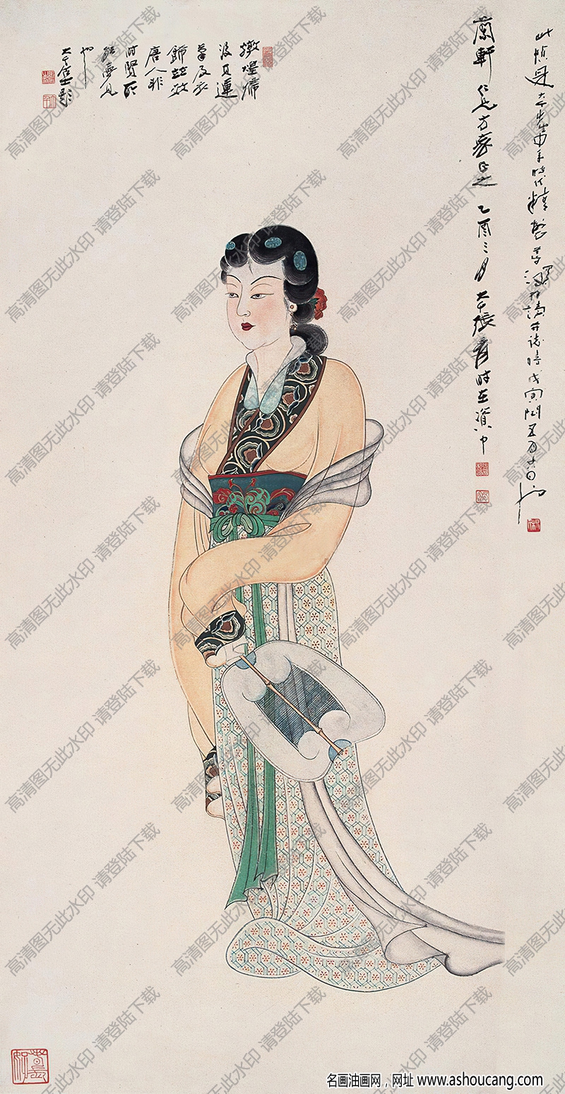 張大千國畫_敦煌仕女像_乙酉三月作_高清大圖下載