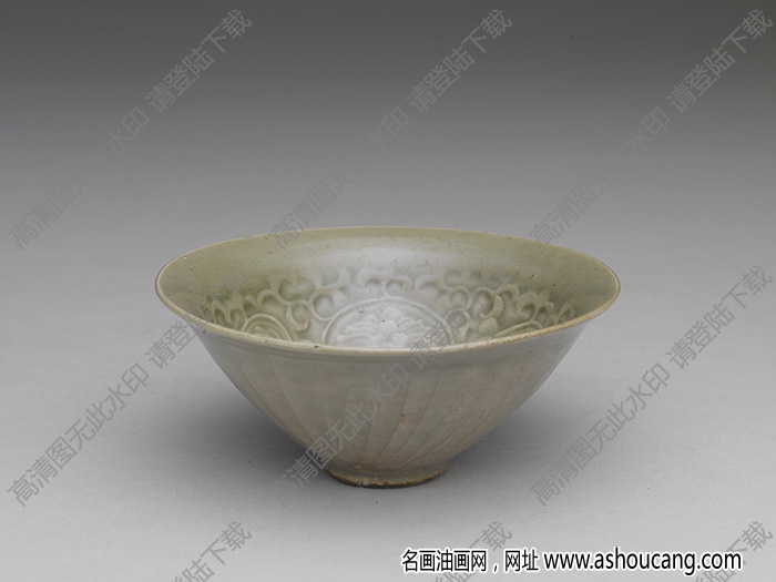 宋 耀州窯青瓷印花菊花紋茶盞 高清大圖下載