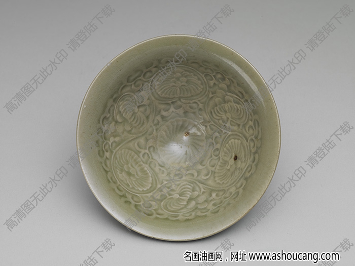 宋 耀州窯青瓷印花菊花紋茶盞 高清大圖下載