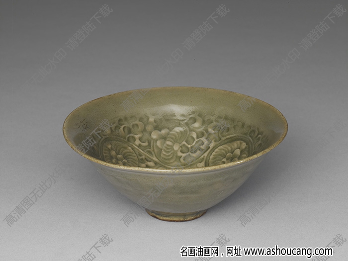 宋 耀州窯青瓷印花菊花紋茶盞 高清大圖下載