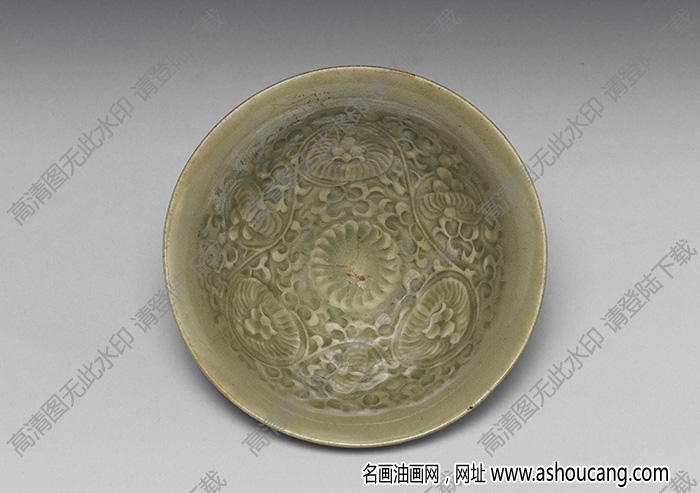 宋 耀州窯青瓷印花菊花紋茶盞 高清大圖下載