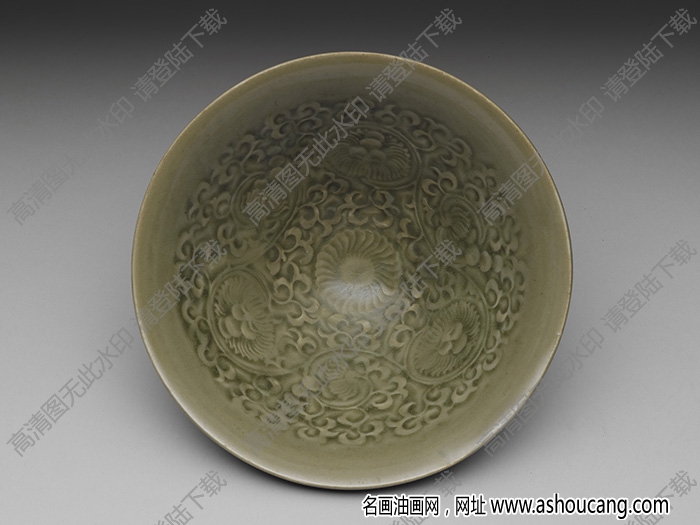 北宋 耀州窯青瓷印花菊花碗 高清大圖下載