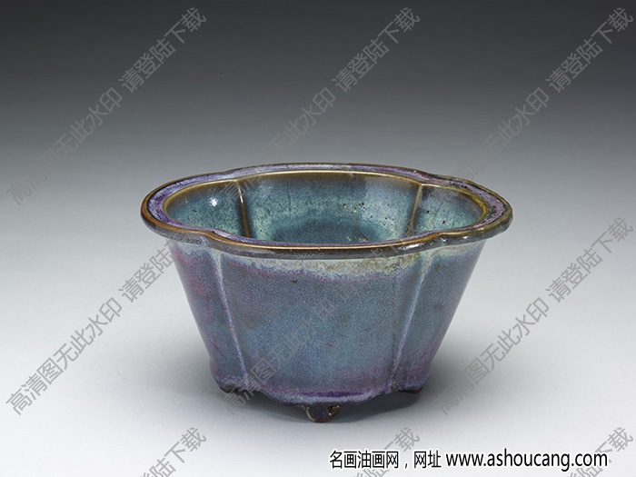 金-明 鈞窯天藍葡萄紫海棠式瓷盆 高清大圖下載