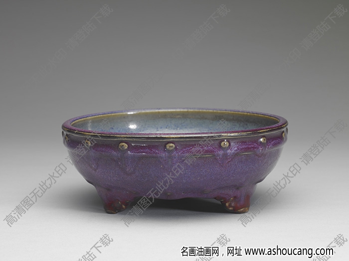 明 鈞窯天藍丁香紫鼓釘式瓷盆托 高清大圖下載