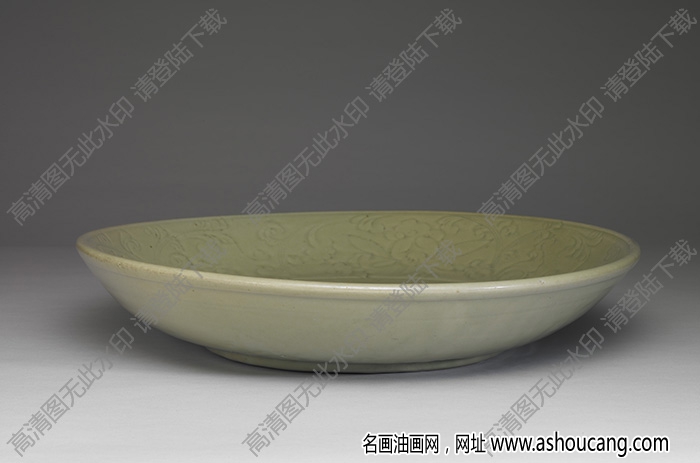 明 龍泉窯青瓷劃花一把蓮盤 高清大圖下載