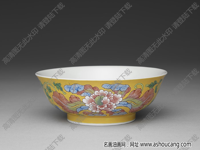 清康熙 琺瑯彩黃地牡丹碗 高清大圖下載