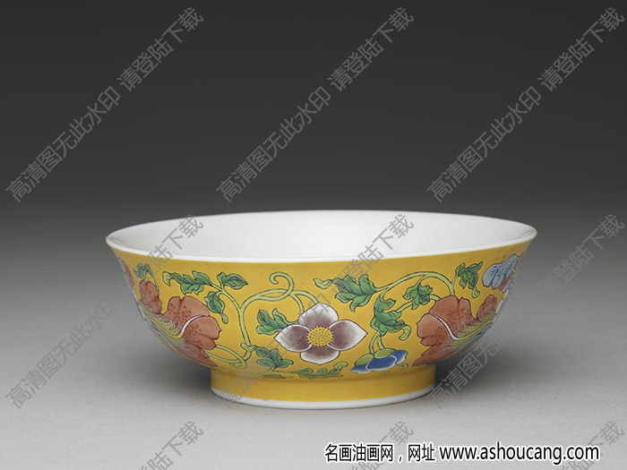 清康熙 琺瑯彩黃地牡丹碗 高清大圖下載
