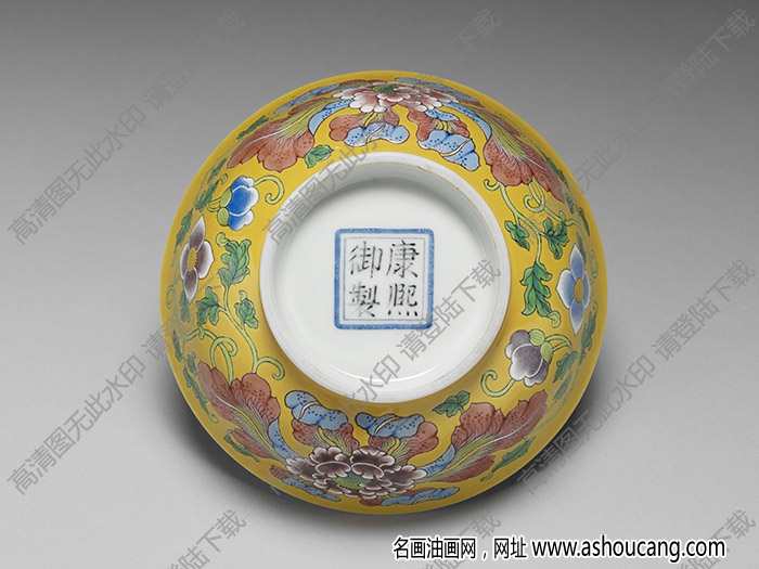 清康熙 琺瑯彩黃地牡丹碗 高清大圖下載