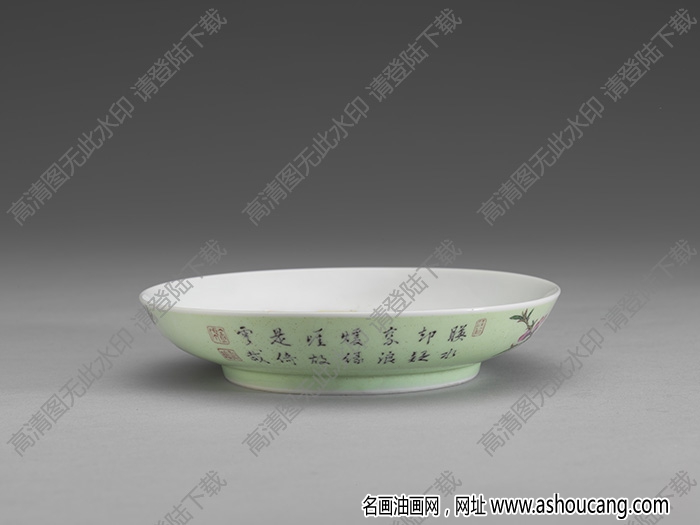 清雍正 琺瑯彩瓷綠地桃竹碟 高清大圖下載