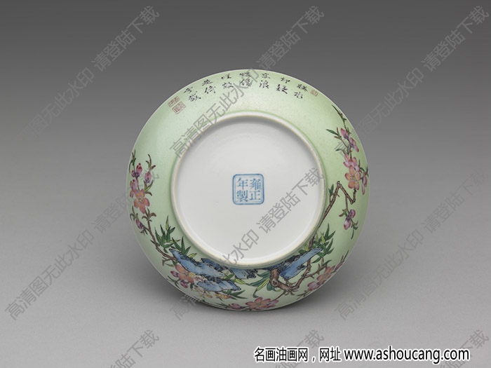清雍正 琺瑯彩瓷綠地桃竹碟 高清大圖下載