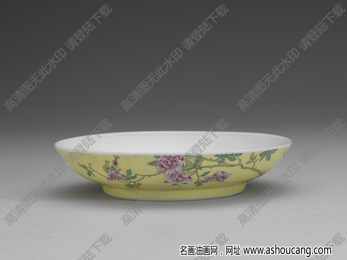 清雍正 琺瑯彩瓷黃地月季碟 高清大圖下載