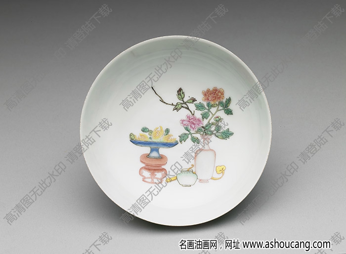 清乾隆 琺瑯彩粉藍(lán)地博古花卉碟 高清大圖下載