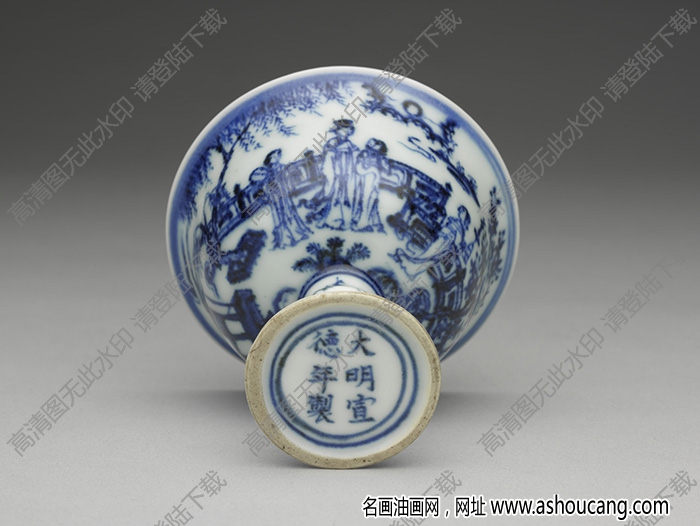 明宣德 窯青花〈海棠〉詩意圖凸節(jié)高足杯 高清大圖下載