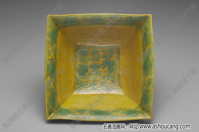 明嘉靖 嬌黃綠彩鳳鶴紋方洗 高清大圖下載