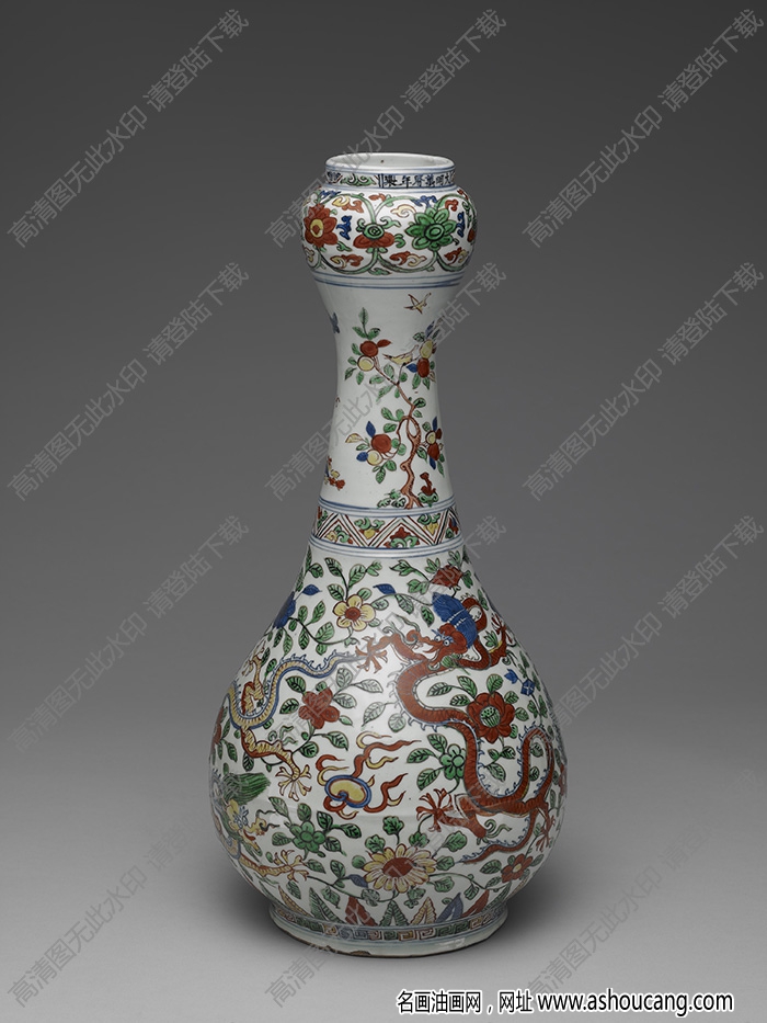明萬(wàn)歷 五彩龍紋花鳥(niǎo)蒜頭瓶 高清大圖下載