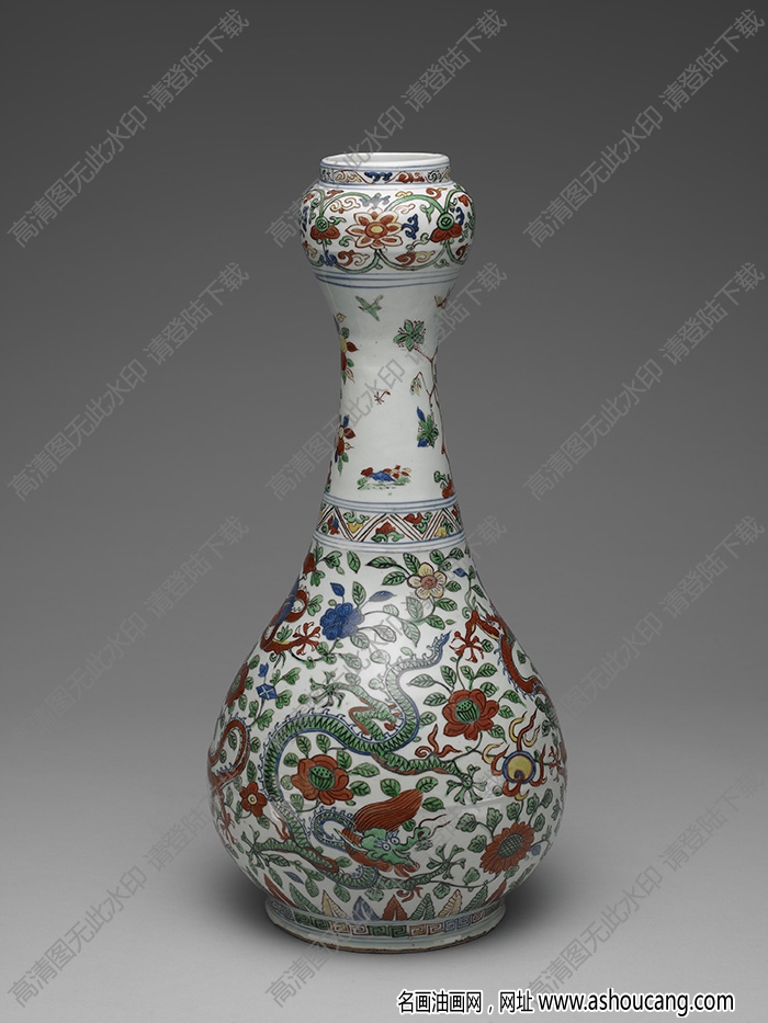 明萬(wàn)歷 五彩龍紋花鳥(niǎo)蒜頭瓶 高清大圖下載