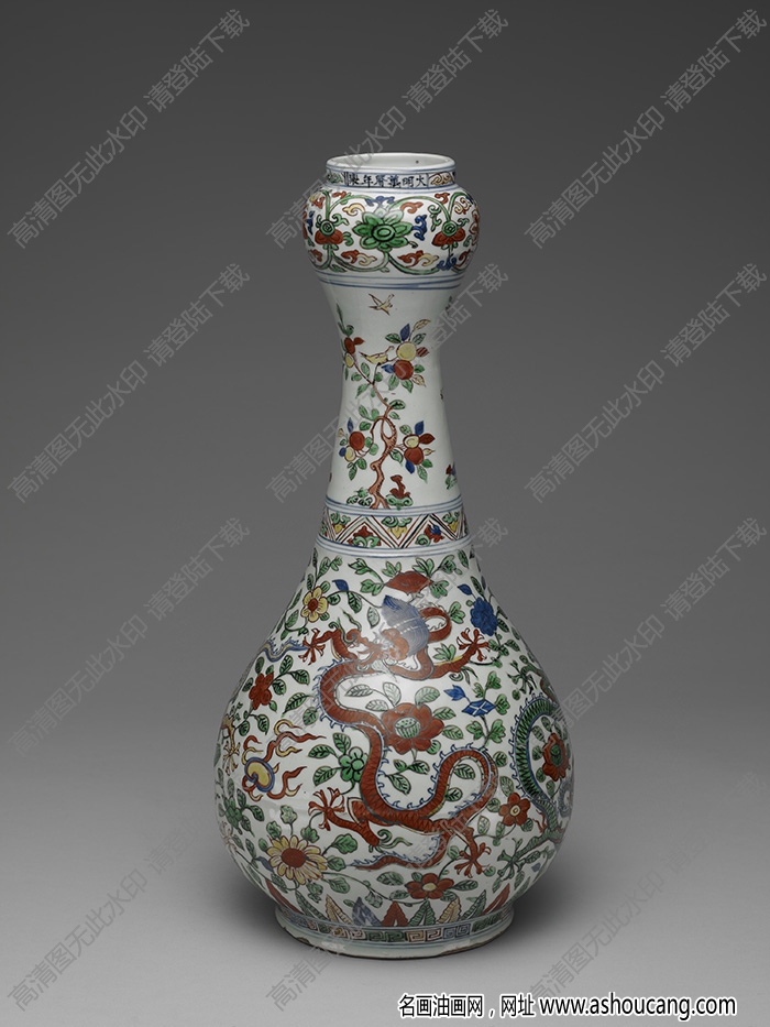 明萬(wàn)歷 五彩龍紋花鳥(niǎo)蒜頭瓶 高清大圖下載