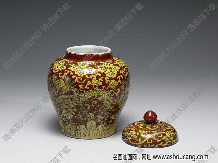 明嘉靖 紅地黃彩云龍紋蓋罐 高清大圖下載