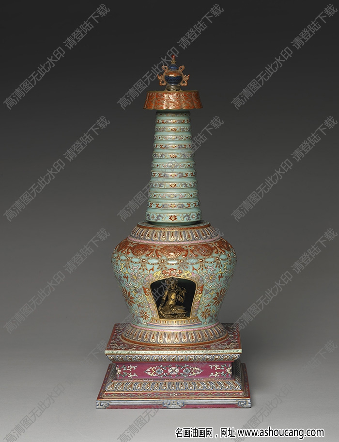 清 粉彩瓷藏式塔形龕-內(nèi)供銅度母像 高清大圖下載