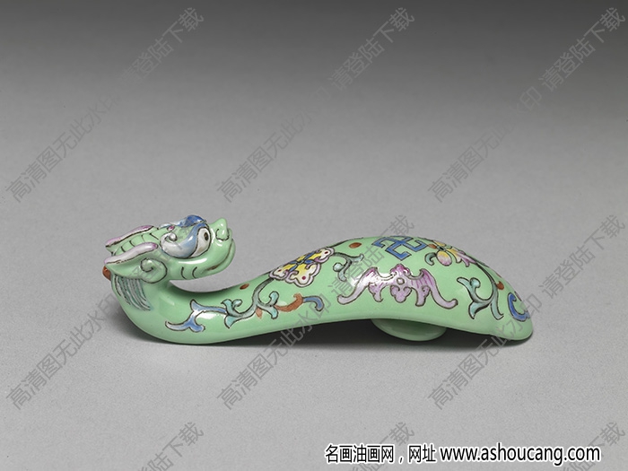清 綠地粉彩萬福龍首帶鉤 高清大圖下載