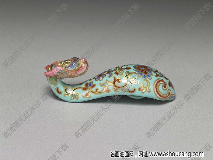 清 湖綠地粉彩萬壽花卉龍首瓷帶鉤 高清大圖下載