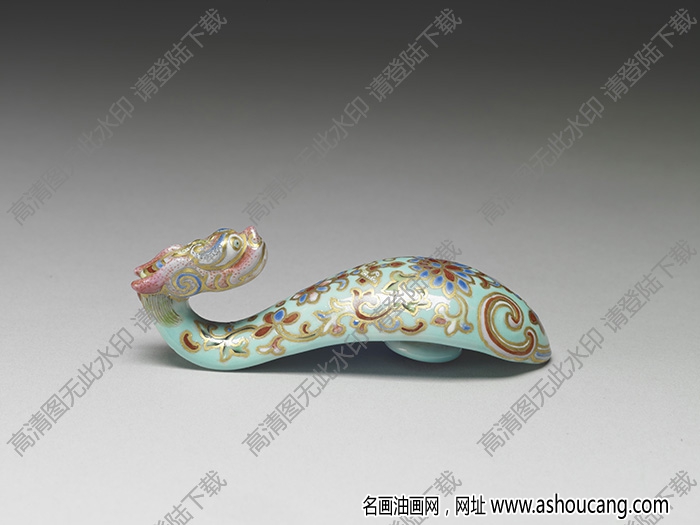 清 湖綠地粉彩萬壽花卉龍首瓷帶鉤 高清大圖下載