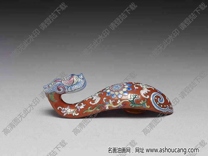 清 紅地粉彩福壽龍首帶鉤 高清大圖下載