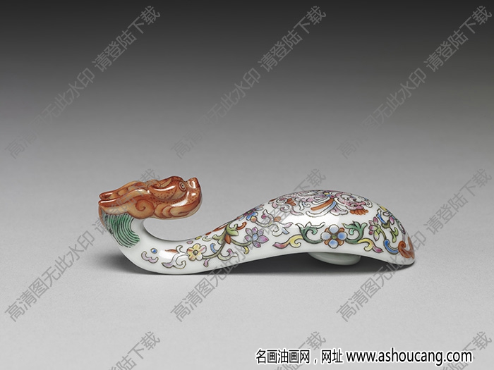 清 白地粉彩龍首瓷帶鉤 高清大圖下載