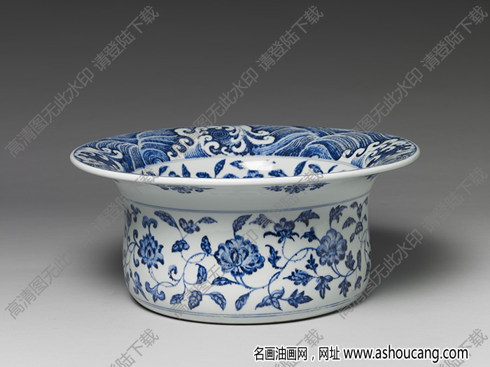 清乾隆 青花水波花卉折沿洗 高清大圖下載