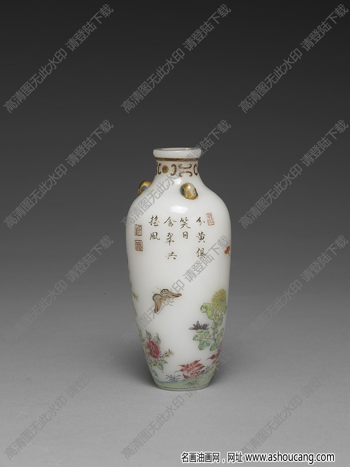清乾隆 玻璃胎畫琺瑯花蝶瓶 高清大圖下載