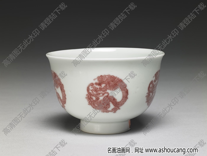 清康熙 白瓷描紅團(tuán)龍紋杯 高清大圖下載