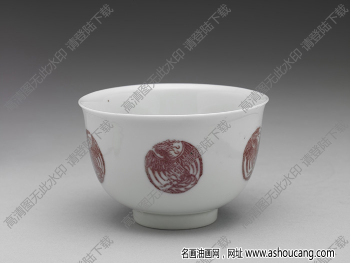 清康熙 白瓷描紅團(tuán)鳳紋杯 高清大圖下載