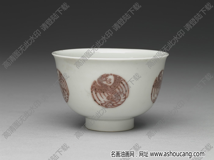 清康熙 白瓷描紅團(tuán)鳳紋杯 高清大圖下載