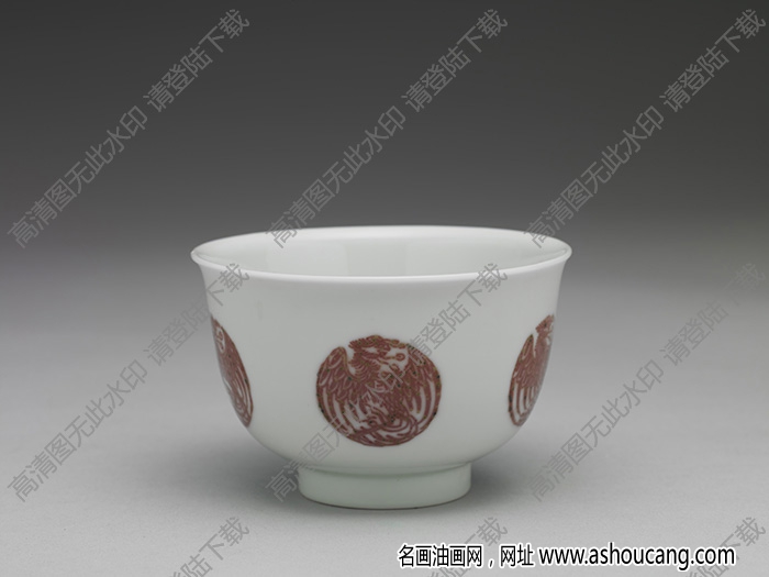 清康熙 白瓷描紅團(tuán)鳳紋杯 高清大圖下載