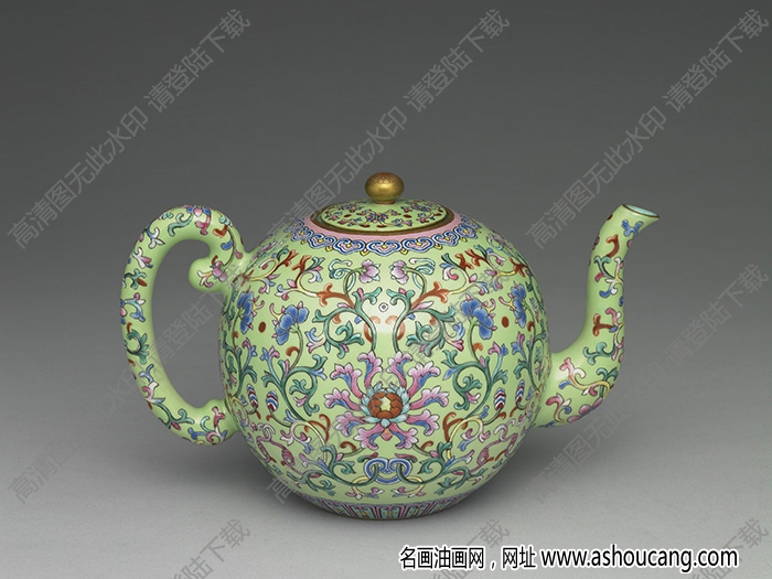 清乾隆 粉彩番蓮紋綠地茶壺 高清大圖下載