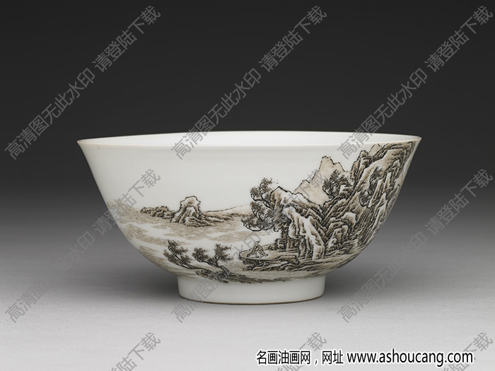清雍正 琺瑯彩瓷赭墨山水碗 高清大圖下載