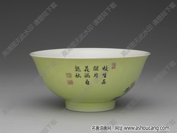 清雍正 琺瑯彩瓷綠地芙蓉桂花碗 高清大圖下載