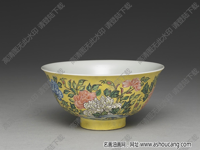 清雍正 琺瑯彩瓷黃地牡丹碗 高清大圖下載