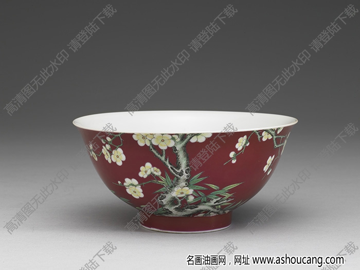 清雍正 琺瑯彩瓷紅地梅竹先春碗 高清大圖下載