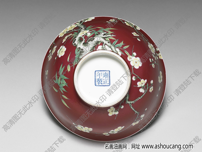 清雍正 琺瑯彩瓷紅地梅竹先春碗 高清大圖下載