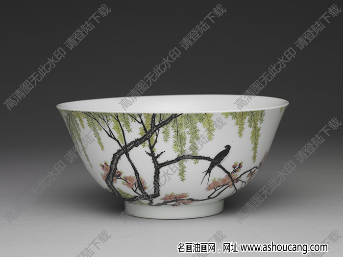 清雍正 琺瑯彩瓷柳燕圖碗 高清大圖下載