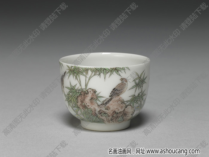 清雍正 琺瑯彩瓷竹雀圖杯 高清大圖下載