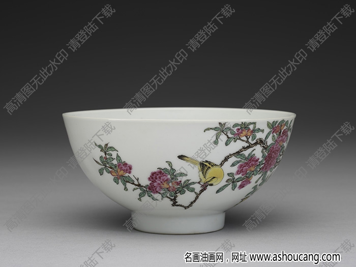 清雍正 琺瑯彩瓷石榴黃鸝碗 高清大圖下載