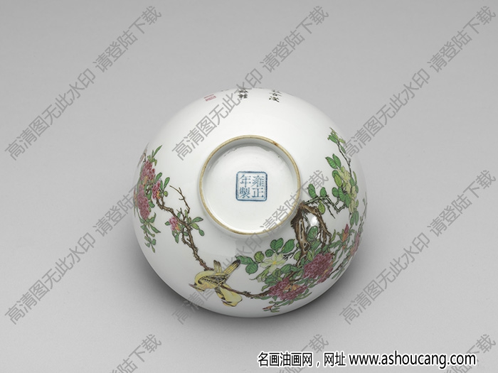 清雍正 琺瑯彩瓷石榴黃鸝碗 高清大圖下載