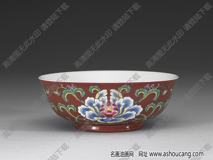 清雍正 洋彩瓷紅地花卉碗 高清大圖下載