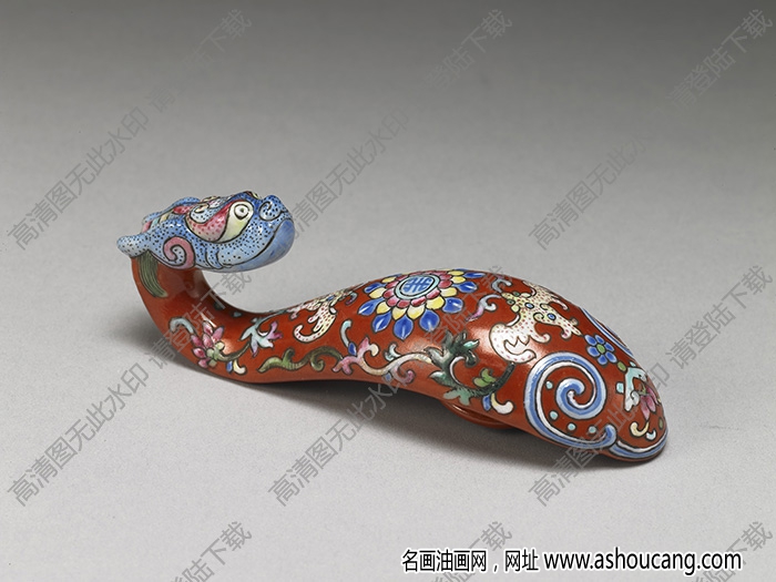 清 紅地粉彩福壽龍首帶鉤 高清大圖下載
