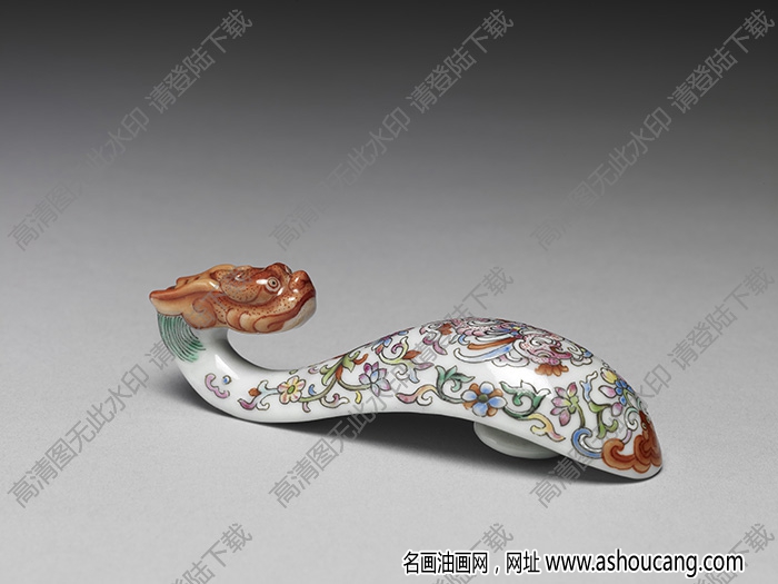 清 白地粉彩龍首瓷帶鉤 高清大圖下載