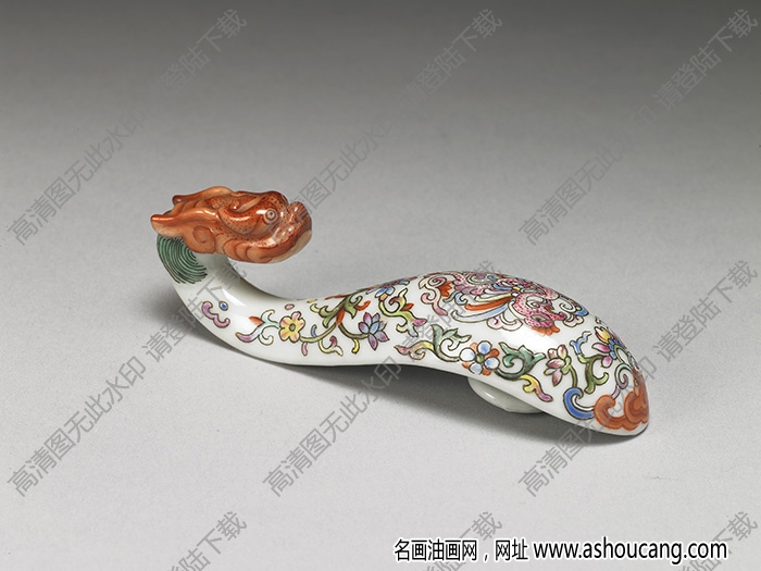 清 白地粉彩龍首瓷帶鉤 高清大圖下載