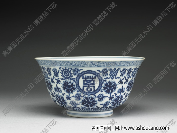 清道光 青花番蓮八寶萬(wàn)壽無(wú)疆碗 高清大圖下載